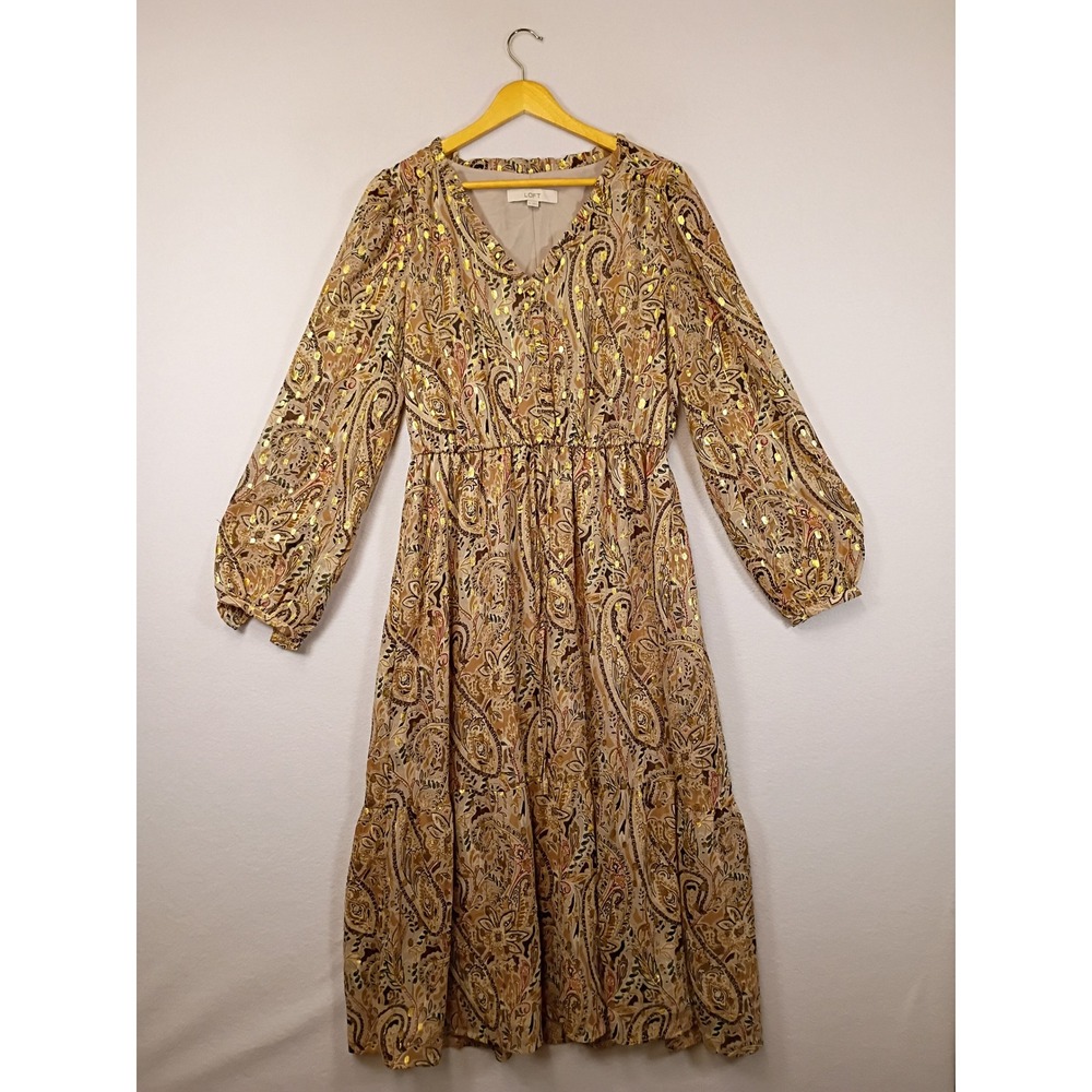 Boho Chic LOFT Womens Medium Tan Gold Paisley Metallic Foil Tiered Midi Dress
